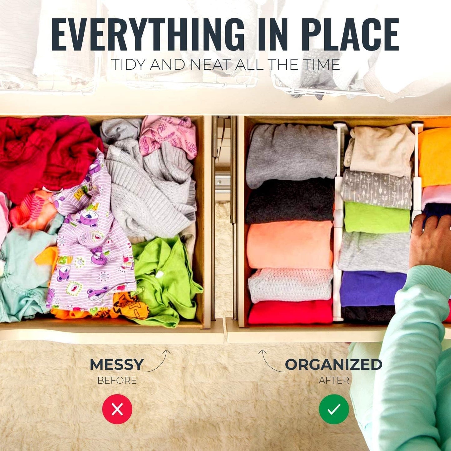 Adjustable Deep Drawer Divider – 5" Tall, Expandable 13-22", 5-Pack, Non-Slip Drawer Dividers for Clothes, Dresser, Kitchen & Office Organization (White)