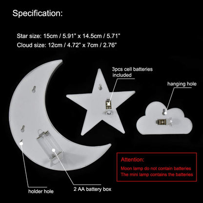 Lovely White Moon Star Cloud Light Set Battery Operated LED Marquee Light Sign Warm White Bedside Lamps for Kids Children Bedroom Nursery, Baby Standing Night Light