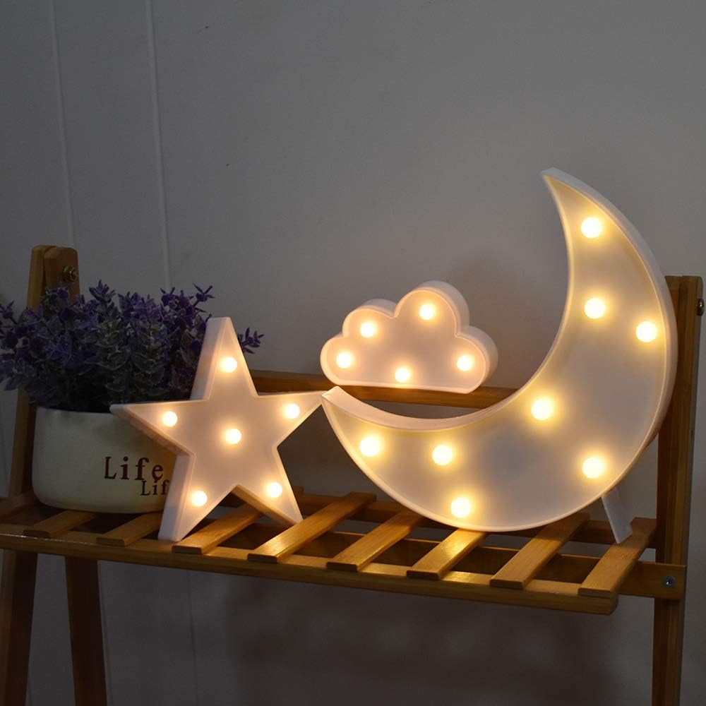 Lovely White Moon Star Cloud Light Set Battery Operated LED Marquee Light Sign Warm White Bedside Lamps for Kids Children Bedroom Nursery, Baby Standing Night Light