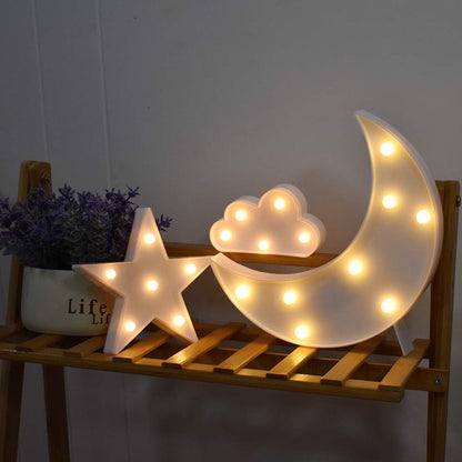 Lovely White Moon Star Cloud Light Set Battery Operated LED Marquee Light Sign Warm White Bedside Lamps for Kids Children Bedroom Nursery, Baby Standing Night Light