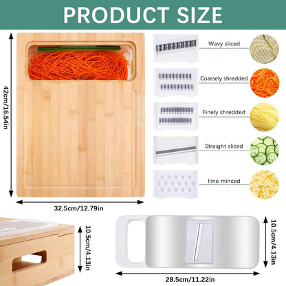 Bamboo Cutting Board with Containers & Graters, Large Removable Chopping Board with Juice Grooves, Food Sliding Opening & Easy-Grip Handles, Carving Board with Trays for Food Prep, Storage