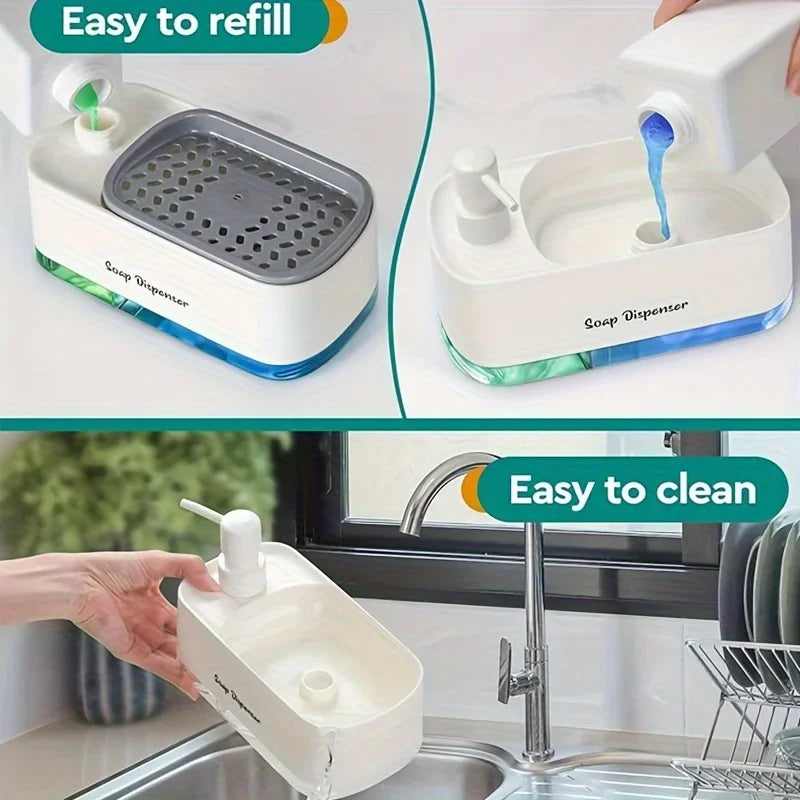 Hand and Dish Soap Dispenser Set Detergent Dispenser Sponge Holder 2-In-1 Countertop Soap Pump Dispenser for Kitchen Sink