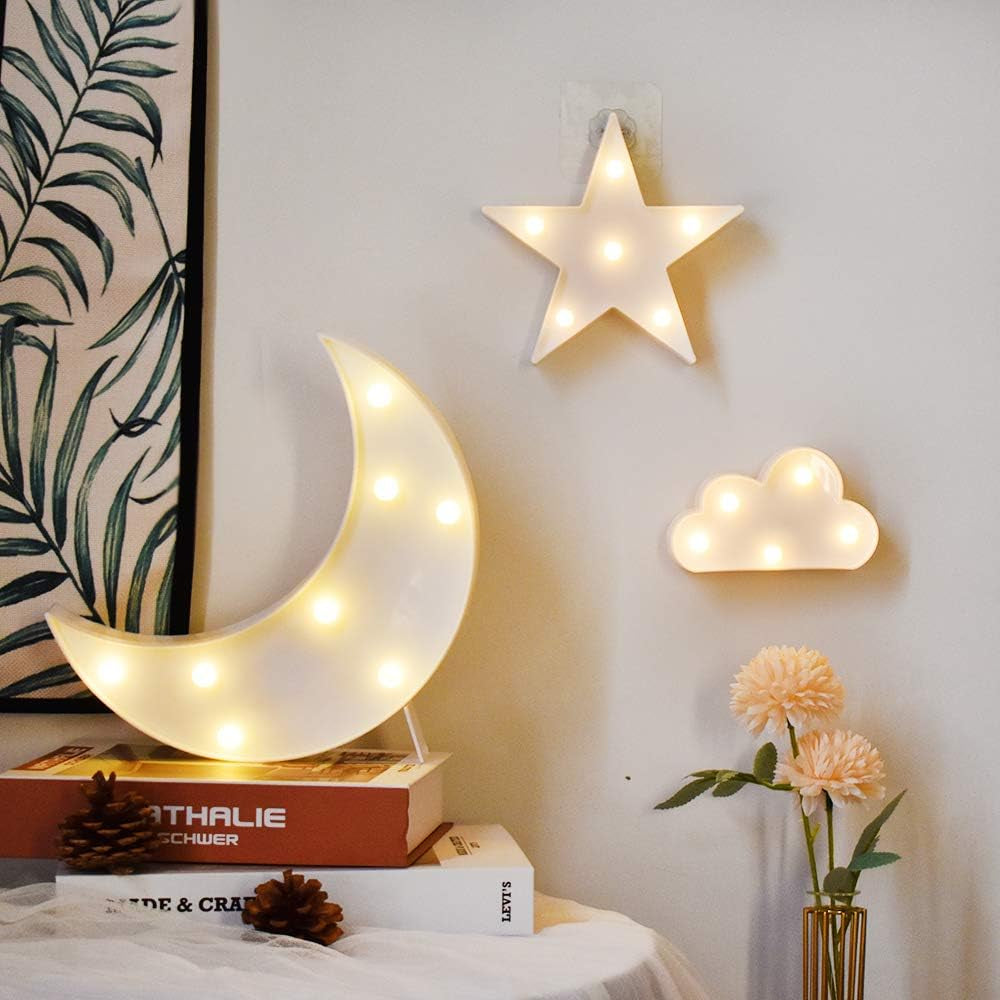 Lovely White Moon Star Cloud Light Set Battery Operated LED Marquee Light Sign Warm White Bedside Lamps for Kids Children Bedroom Nursery, Baby Standing Night Light