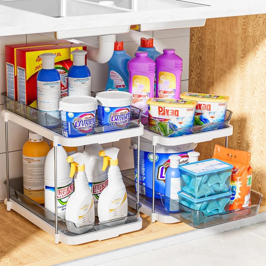 under Sink Organizers and Storage 2 Pack Set, 2 Tier Sliding Bathroom Sink Organizer, Multi-Use under Kitchen Cabinet Storage Shelf (S&L), Grey