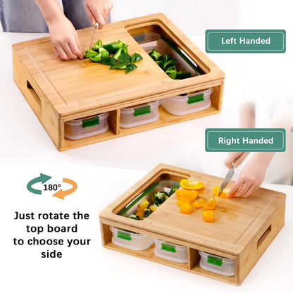 Bamboo Cutting Board with Containers & Graters, Large Removable Chopping Board with Juice Grooves, Food Sliding Opening & Easy-Grip Handles, Carving Board with Trays for Food Prep, Storage
