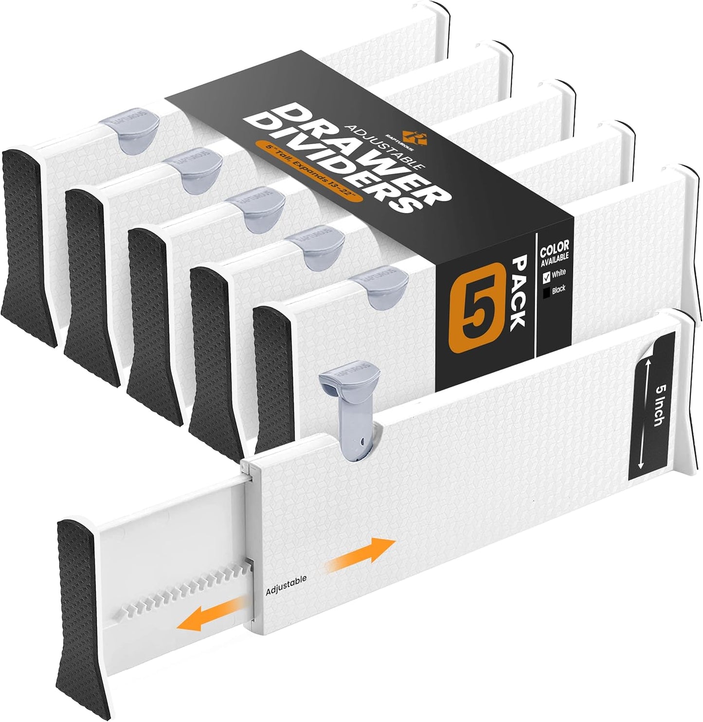 Adjustable Deep Drawer Divider – 5" Tall, Expandable 13-22", 5-Pack, Non-Slip Drawer Dividers for Clothes, Dresser, Kitchen & Office Organization (White)