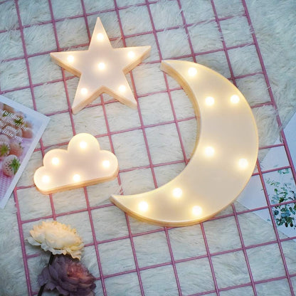 Lovely White Moon Star Cloud Light Set Battery Operated LED Marquee Light Sign Warm White Bedside Lamps for Kids Children Bedroom Nursery, Baby Standing Night Light
