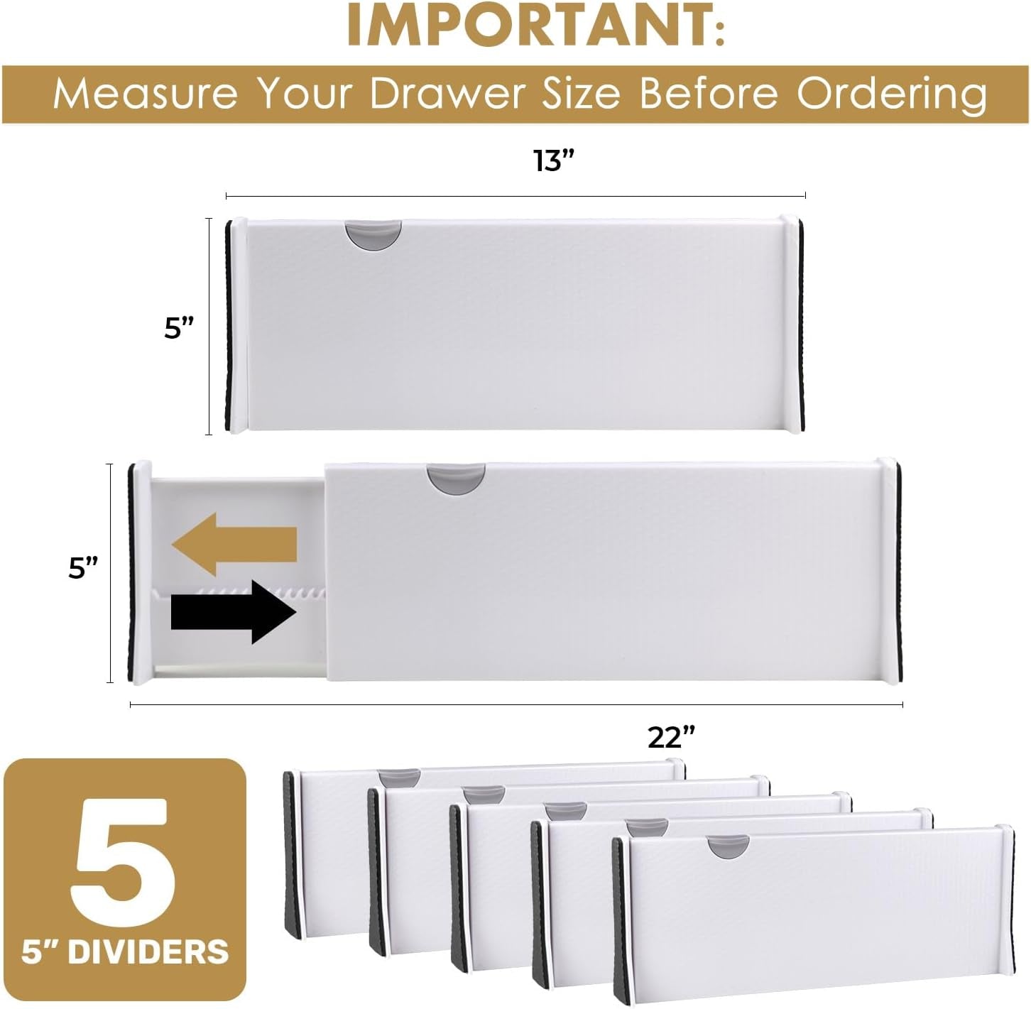Adjustable Deep Drawer Divider – 5" Tall, Expandable 13-22", 5-Pack, Non-Slip Drawer Dividers for Clothes, Dresser, Kitchen & Office Organization (White)