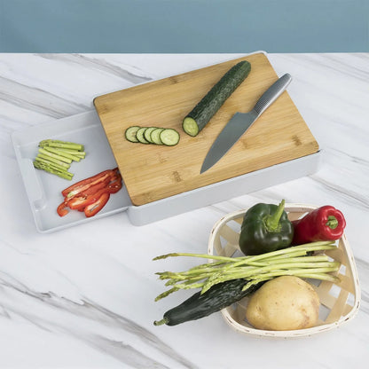 Bamboo Cutting Board with Slide Out Drawer Tray Board Heavy-Duty Chopping Board Wear Resistance Cutting Board with Non-Slip Feet Eco-Friendly Bamboo Cutting Board for Kitchen