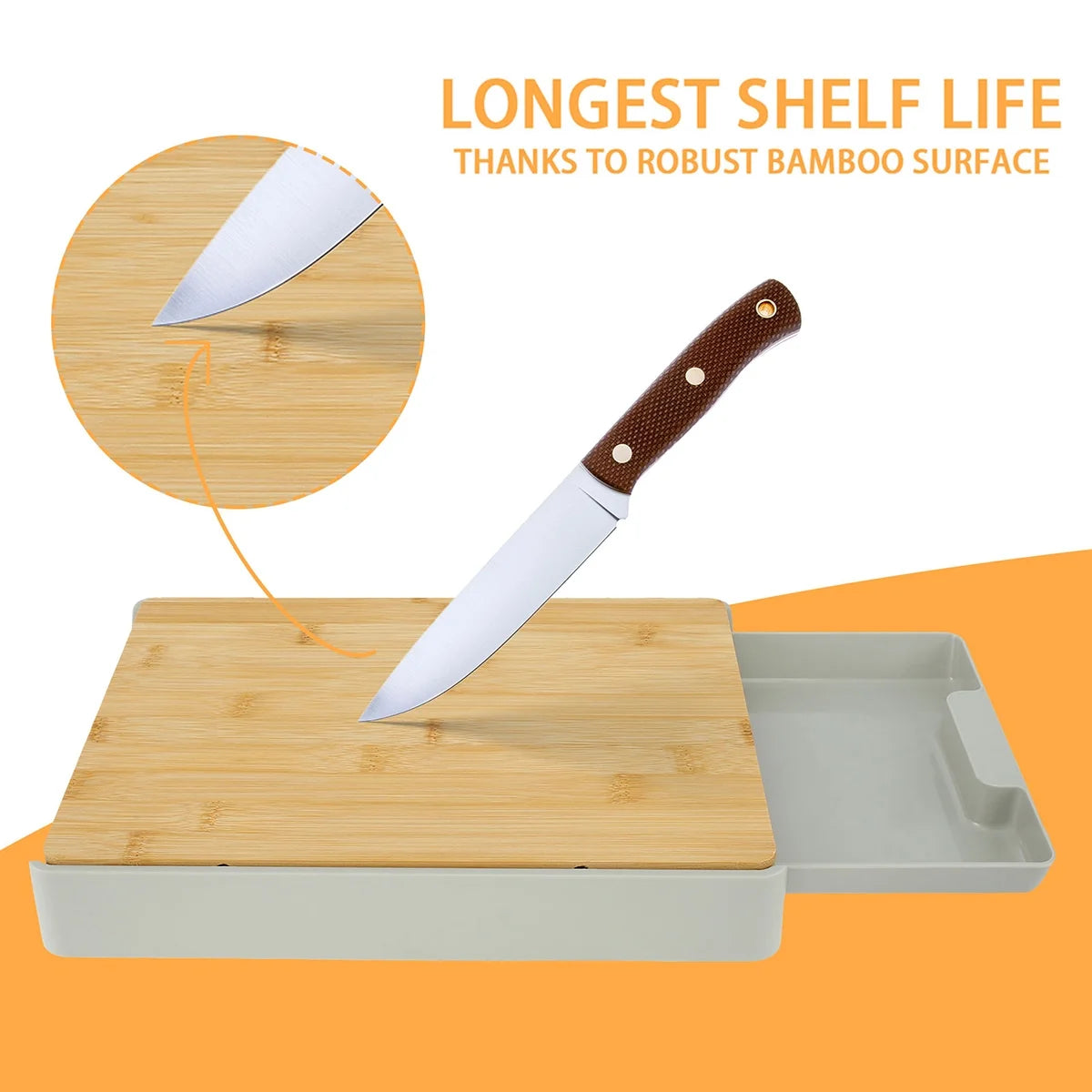 Bamboo Cutting Board with Slide Out Drawer Tray Board Heavy-Duty Chopping Board Wear Resistance Cutting Board with Non-Slip Feet Eco-Friendly Bamboo Cutting Board for Kitchen