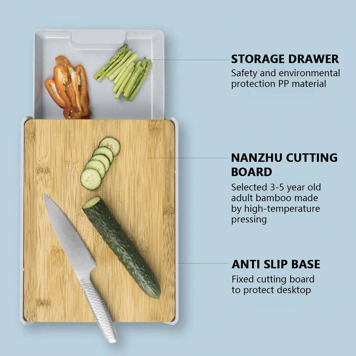 Bamboo Cutting Board with Slide Out Drawer Tray Board Heavy-Duty Chopping Board Wear Resistance Cutting Board with Non-Slip Feet Eco-Friendly Bamboo Cutting Board for Kitchen