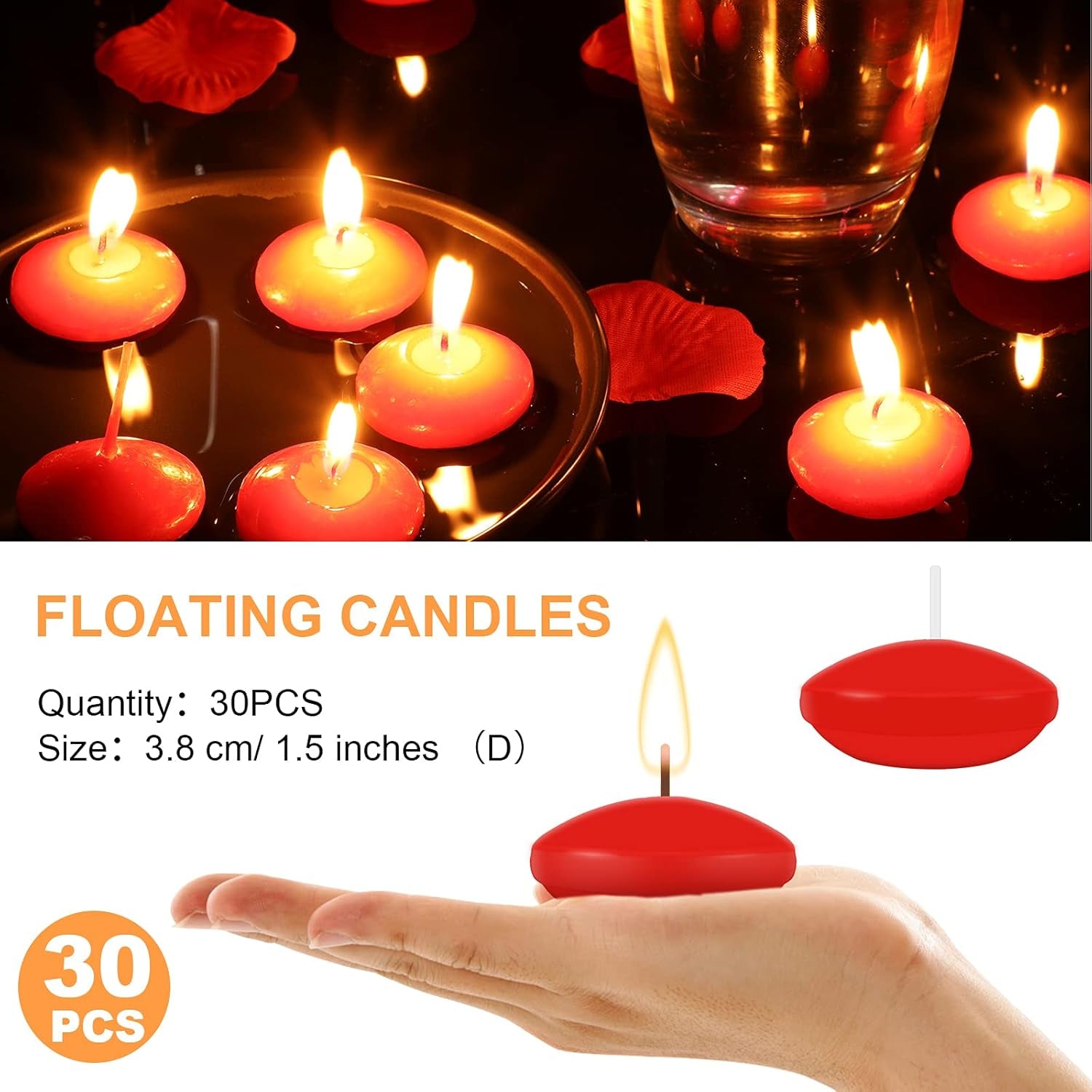 30 Pcs 1.5'' Unscented Floating Candles Bulk for Centerpieces Red Votive Floating Cylinder Vases Candles for Wedding Party Anniversary Christmas Thanksgiving Party Gifts Decor