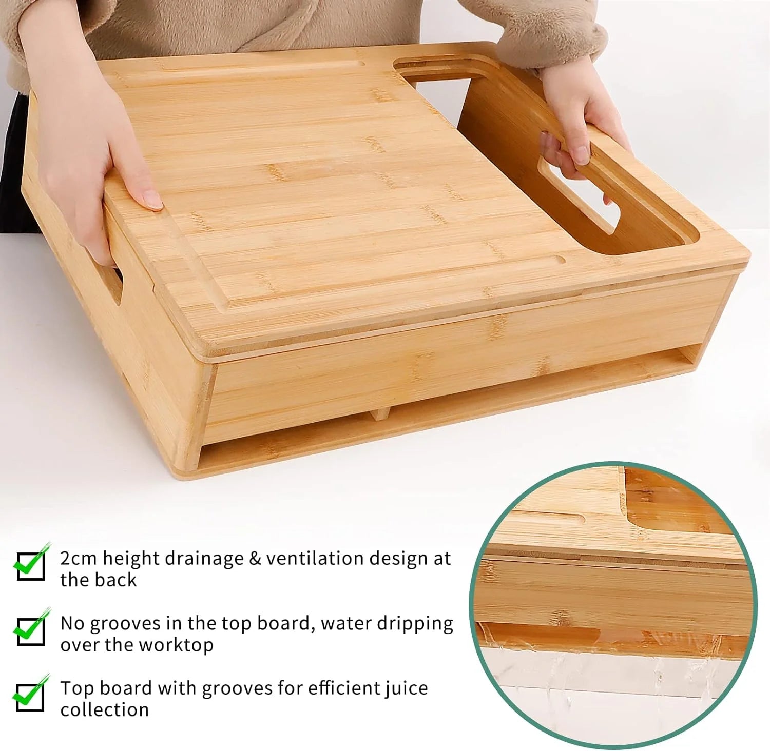 Bamboo Cutting Board with Containers & Graters, Large Removable Chopping Board with Juice Grooves, Food Sliding Opening & Easy-Grip Handles, Carving Board with Trays for Food Prep, Storage