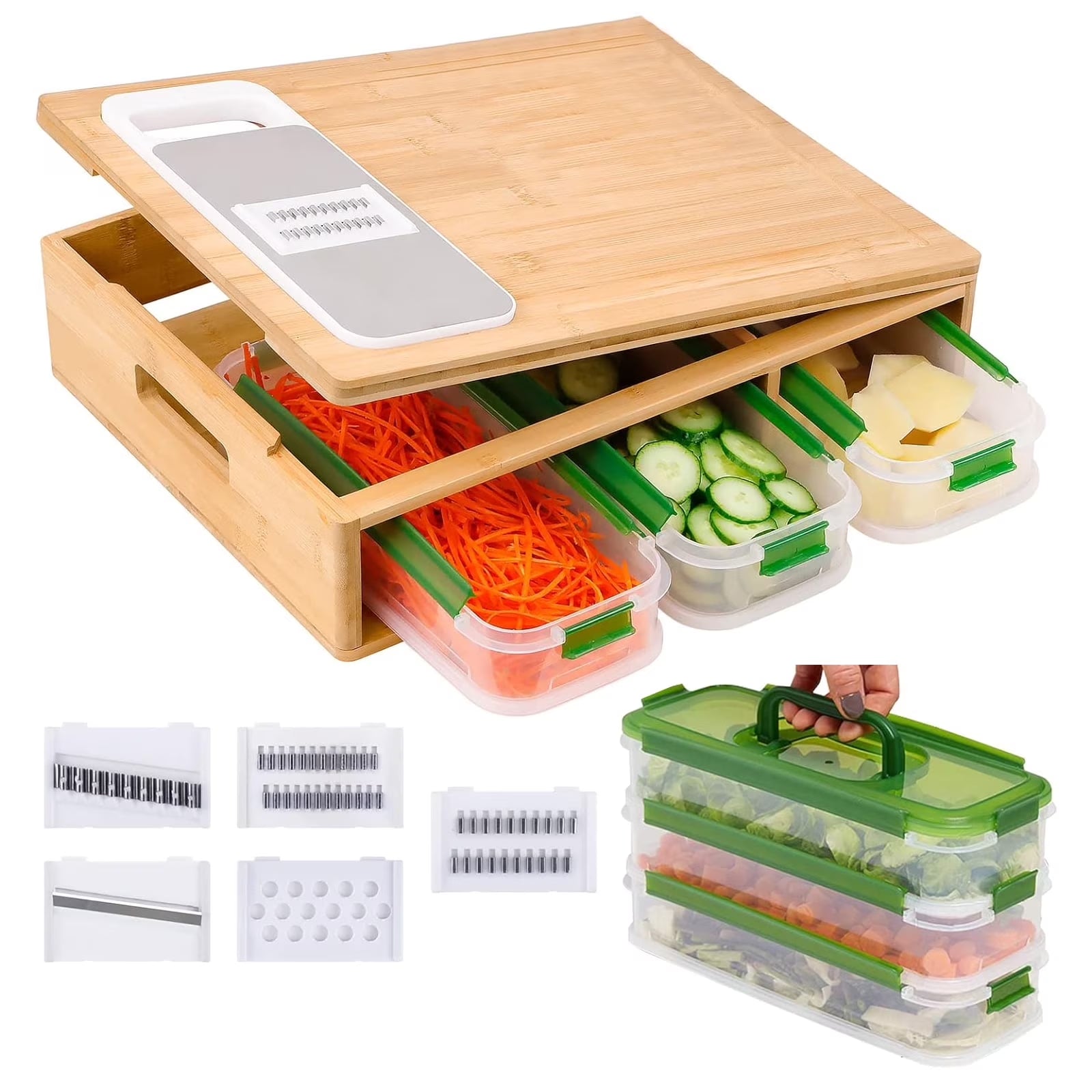Bamboo Cutting Board with Containers & Graters, Large Removable Chopping Board with Juice Grooves, Food Sliding Opening & Easy-Grip Handles, Carving Board with Trays for Food Prep, Storage