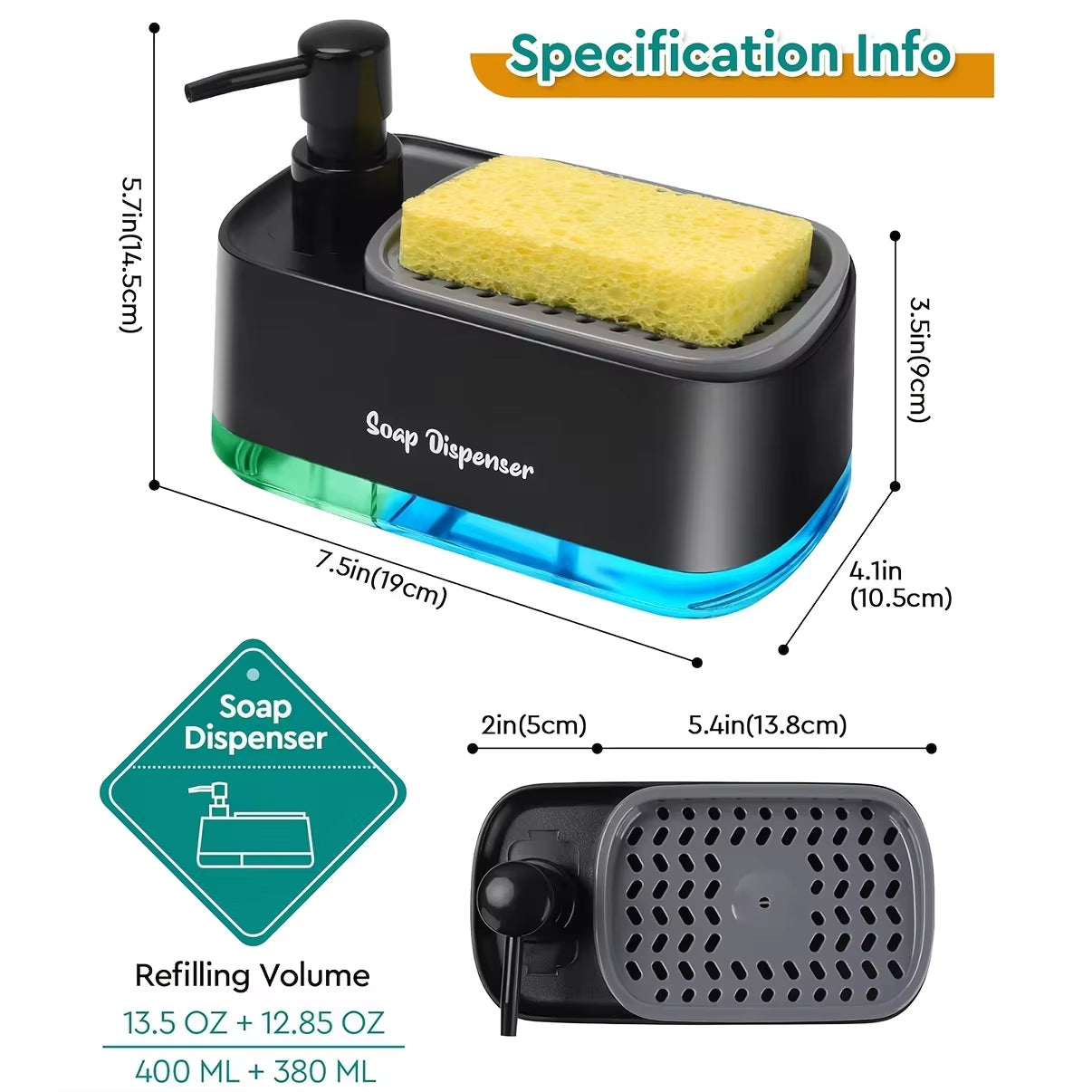 Hand and Dish Soap Dispenser Set Detergent Dispenser Sponge Holder 2-In-1 Countertop Soap Pump Dispenser for Kitchen Sink