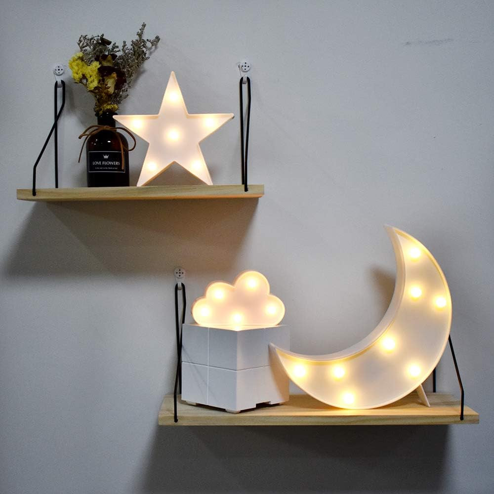 Lovely White Moon Star Cloud Light Set Battery Operated LED Marquee Light Sign Warm White Bedside Lamps for Kids Children Bedroom Nursery, Baby Standing Night Light