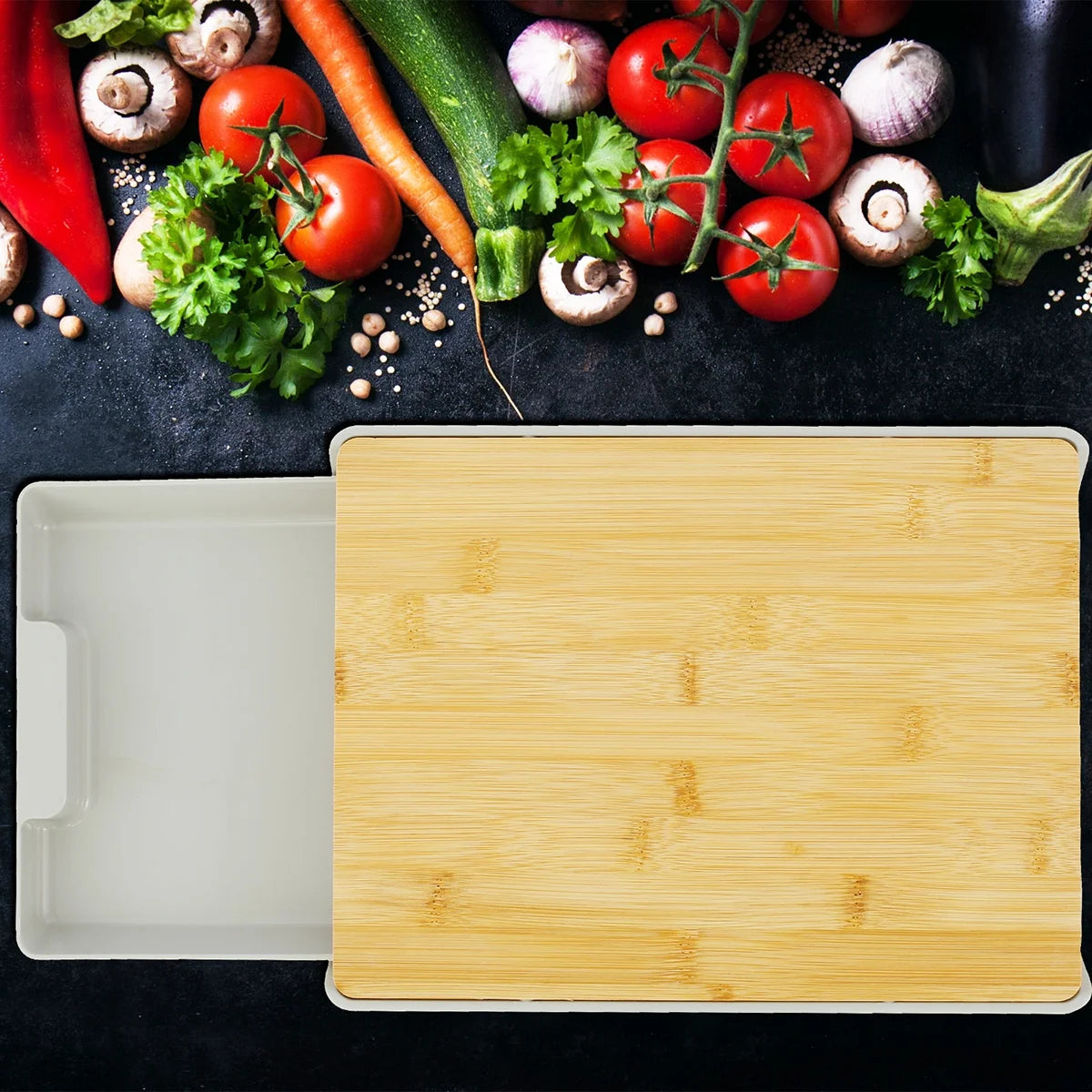 Bamboo Cutting Board with Slide Out Drawer Tray Board Heavy-Duty Chopping Board Wear Resistance Cutting Board with Non-Slip Feet Eco-Friendly Bamboo Cutting Board for Kitchen