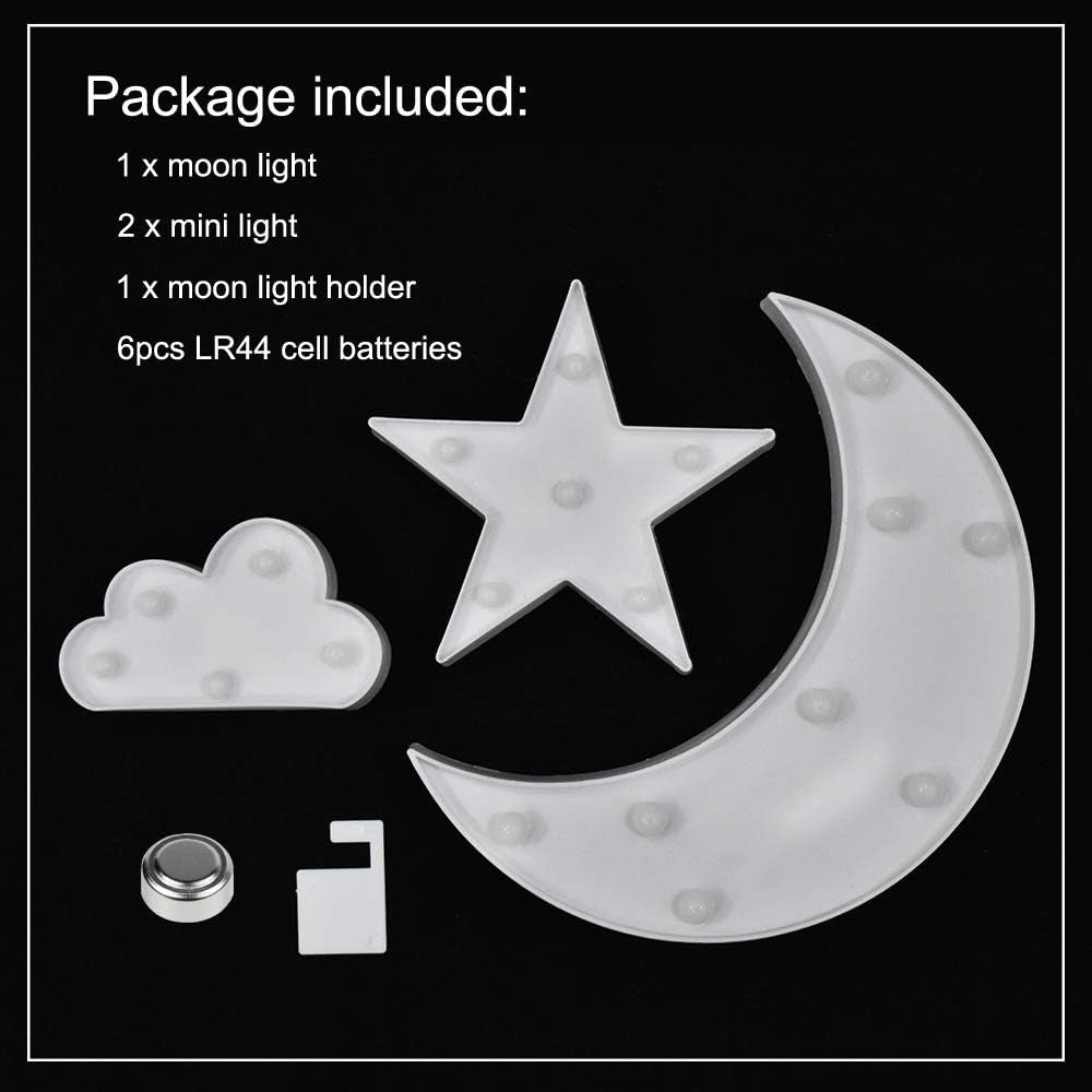 Lovely White Moon Star Cloud Light Set Battery Operated LED Marquee Light Sign Warm White Bedside Lamps for Kids Children Bedroom Nursery, Baby Standing Night Light
