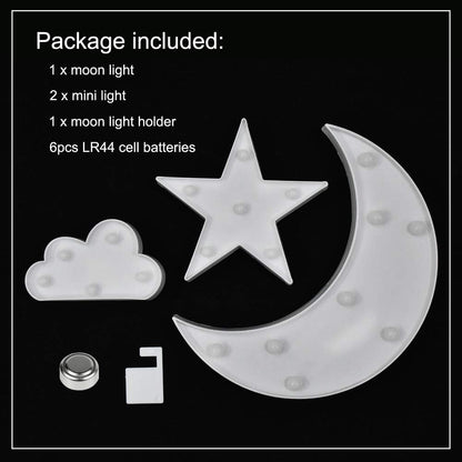 Lovely White Moon Star Cloud Light Set Battery Operated LED Marquee Light Sign Warm White Bedside Lamps for Kids Children Bedroom Nursery, Baby Standing Night Light